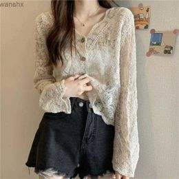 Women's Blouses Shirts MEXZT Retro Lace Shirt Womens Transparent Long sleeved Sunscreen Shirt Cardigan Holiday Korea Elegant Casual Sunscreen TopL2405