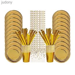 Disposable Plastic Tableware Gold party disposable tableware set elegant cardboard cups napkins for weddings and singles parties WX