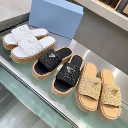 Womens Designer Slide Crochet Wedges Slides Black Woven Platform Sandal Straw Slipper Summer Two Straps Flat Comfort Mule Beach Pool Bohemian Slippers With box