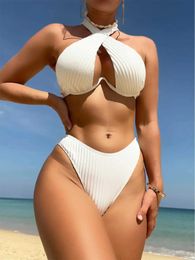 Women's Swimwear Sexy Halter Cross Underwire Bikini Set Swimwear Women White Black Push Up High Waist Swimsuit 2024 Bathing Suit Swimming Suits Y240429