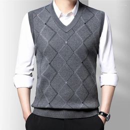 Men's Vests Middle Aged Business Casual V-neck Sweater Tank Printed Patchwork Screw Thread Loose Jacquard Slim Sleeveless Knitted Top