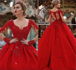 Designer Red Dresses Evening Wear A Line V Neck Long Sleeves Illusion Back Beaded Formal Prom Dress Party Gowns 0431