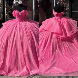 Prom Prenses Muhteşem Top Pembe Elbiseler Işıltılı Elbise Omuz Glitter Pullar Elmas Vestido De Quinceanera Koruma Tatlı 15 Masquerade Elbise