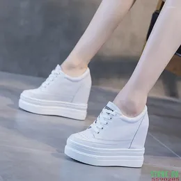 Casual Shoes Women Genuine Leather 11cm Hidden Wedge Sneakers Platform High Heels Woman 2024 White Trainers