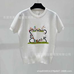 Women's T-Shirt Designer 2024 summer niche design panda embroidery women's T-shirt knitted short sleeved round neck fashionable classic top