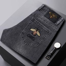 Fashion Spring Mens Slim Elastic Jeans Bee Embroidery Business Denim Pants Classic Style 182p