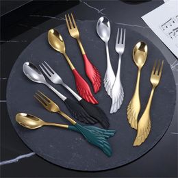 Dinnerware Sets 2pcs Spoon Fork Set Stainless Steel Angel Feather Coffee Stirring Dessert Kitchen Accessories Drop