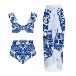 Women's Swimwear 2024 New High Waist Printed Split Swimsuit Womens Hot Spring Resort Beach Skirt Two Piece Swimsuit