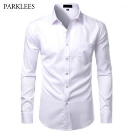 White Mens Bamboo Fiber Shirts Casual Slim Fit Button Up Dress Shirts Men Solid Soical Shirt With Pocket Formal Business Camisas1 199p