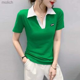 Women's T-Shirt Spliced T-shirt Womens Short sleeved T-shirt Polo Neckline Womens Green Top Black Summer Clothing 2024 Cotton Synthetic Cute VWX