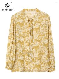 Women's Blouses Birdtree Mulberry Silk Print Shirt Women Spring/Summer 2024 Temperament Design Sense Long Sleeve Yellow Blouse T38324QC