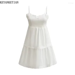 Casual Dresses KEYANKETIAN 2024 Launch Lace Patchwork Bow Ornament Elastic Waist Slip Dress Women Sweet White Slim Tiered A-line Mini