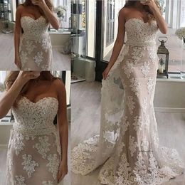 Elegant Mermaid Dresses Lace Long Beadings Crystals Sweetheart Sashes Floor Length Satin Plus Size Wedding Dress Bridal Gowns Sexy 0430