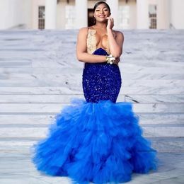 Royal Blue Mermaid Prom Dresses With Gold Lace Top Gillter Sequined Evening Gown Tiere Tulle Bottom Vestido De Robes 0431