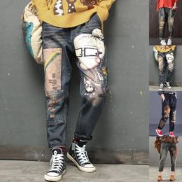 Women's Jeans Elasticated Waistband Loose Harlan Pants Old Colors Vintage Patch Cartoon Pattern Denim Casual Street