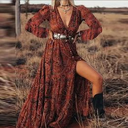 Long Dress For Women Spring Summer Bohemian Sleeve Casual Dresses Beach Holiday Vintage V Neck Clothing 240426