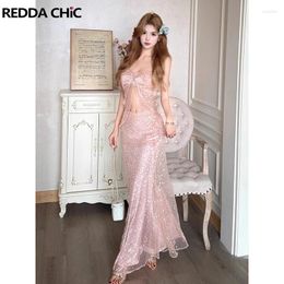 Work Dresses ReddaChic Elegant Pink Sequin Top Skirt Women 2-piece Set Corset Long Fishtail Glitter Evening Party Summer Clothes