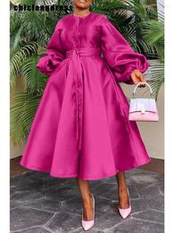 Casual Dresses Autumn Winter Fashion Satin A-line Dress African Women Elegant Solid Lantern Sleeves Lace Up