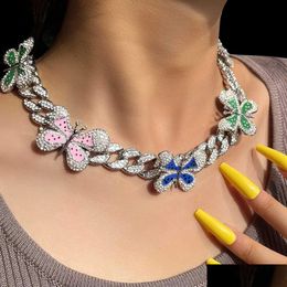 Pendant Necklaces Iced Out Fl Rhinestone Enamel Butterfly Miami Cuban Link Necklace For Women Hiphop Bling Chunky Thick Choker Punk J Ot3Kw