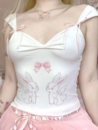 Women's Tanks Japanese Kawaii Lolita Bow Crop Tops Women Print Cute Sweet Tank Female White Slim Korean Elegant V-Neck Summer 2024