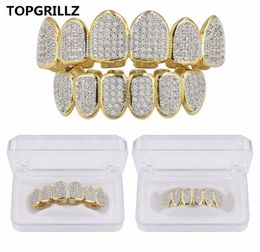 Europe and America Hip Hop Iced Out CZ Gold Teeth Grillz Caps Top Bottom Diamond Teeth Grillzs Set Men Women Grills5985214