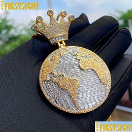 Pendant Necklaces Iced Out Bling Cz King Of The World Necklace Cubic Zirconia Crown Globle Charm Men Fashion Hip Hop Jewellery 240409 Dr Oterz