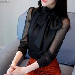 Women's Blouses Shirts New Summer Fashion Tunic Womens Shirt Long sleeved Tie Bow Chiffon Sparrow Formal Womens White Black Shirt DF4905L2405