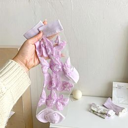 Women Socks Sweet Summer Cotton Crystal Butterfly Floral Print Transparent Mesh Mid-calf Thin Breathable Glass Silk