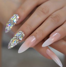 3D AB Gems Gradient Pink Nude Press on Nails Baby Ombre Extra Long Stiletto False Fake Nail Tips Pointed Fingers Nails3898226