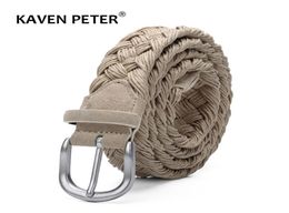 Men Suede Leather Knitted Belt With Wax Rope Braided Strap Antique Silver Buckle Without Holes Cotton Weave Handwork Belts Beige T9029688