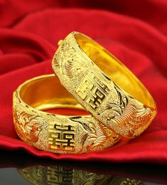 Wide Bracelet Womens Classic Wedding Ceremony Double Happiness Dragon and Phoenix Bracelet Womens Imitation Gold Bride Wedding Jew4530970