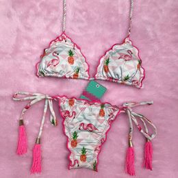 New Flamingo and Pineapple Printed Brazilian Bikini Braided Rope 2021 Sexy Women Swimsuits Push Up Bikini Set Bandage Swimwear 339t