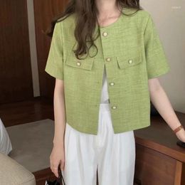 Women's Jackets Green Summer Thin Coat Women Short Sleeve O-neck Single Breasted Buttons Casual Loose Tops Elegant Cardigan Korean Fashion