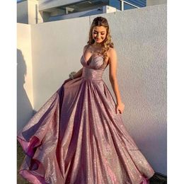 Dubai Arabic Pink A Line Dresses V Neck Spaghetti Straps Sequins Formal Evening Party Dress Prom Birthday Pageant Celebrity Special Ocn Gowns 0430