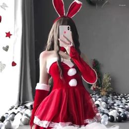 Casual Dresses Christmas Dress Cuff Ear Hair Hoop Mesh Socks Five Piece Set Women Plush Splice Lace Sweet Soft Festival Party Slim