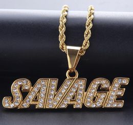 Iced Out Full CZ Stone Mens 14k Gold Chains with SAVAGE Iced Out Pendant Necklace Hip Hop Jewerly1105700