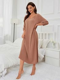 Women's Sleepwear Solid Color Women Nightgown Cut Out V Neck Pleated Slpwear Half Slves Fall Nightwear Female Homwear Clothing Pajama Dress Y240426