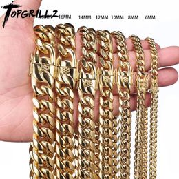 TOPGRILLZ Stainless Steel Gold Colour Cuban Chain Faucet Button Hip Hop Fashion Jewellery For Gift 6MM/10MM/12MM/14MM/16MM/18MM 240415