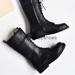 The Row quality TR 2023 New Side High Martin Zipper Boots Women's Cowhide Middle Boot Flat Bottom Square Head Middle Sleeve Short Boot