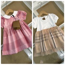 Summer Little girls plaid dresses Baby designer clothing toddler kids lace-up Bows backless splicing lace tulle dress Z7963