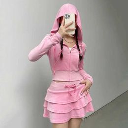 Women's Two Piece Pants Houzhou Pink Velvet Womens Two Piece Y2k Zipper Long Sleeve Cropped Hoodie Kawaii Lace Ruffle Skiing Autumn and WinterL2404