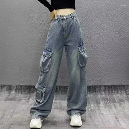Women's Jeans Multi-Pocket Blue Washed Cargo Pants High Street Retro Hip-hop Wide-leg Casual Straight High-waisted
