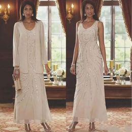 V UPS Mothers Elegant Neck Two Pieces Beaded Wedding Guest Ankle Length Mother Of The Bride Dresses With Long Sleeves Jacket