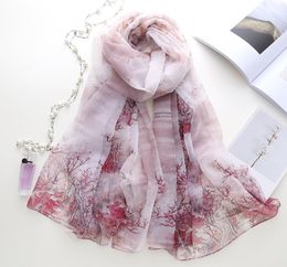 2021 New Korean oil painting branch print silk scarf ladies long sunblock shawl beach towel 0258456885