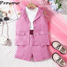 Clothing Sets Prowow Three Piece For Girls Summer 2024 Clothes Lapel Blazer Coat Tank Top Ruffles Shorts Children's Suit