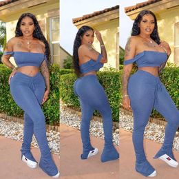 Sexy Womem Two Pieces Tracksuit Set Female Summer Clothes Crop Top Stacked Joggers 240423