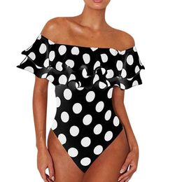 Women's Swimwear Black and White Polka Dot Ruffled One-Piece Swimsuits Sexy Push Up Bathing Suit Bodysuit Girl Beach Backless Swimwear Monokini Y240429