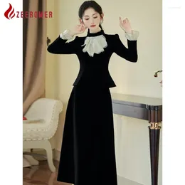 Work Dresses 2024 Spring French Retro Black Velvet Set Dress Office Lady High Quality Elegant Ruffle Long Sleeve Top A-line Midi Skirt