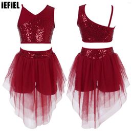 Clothing Sets Kids Girls Stylish Sequins Dance Set Sleeveless Wide Shoulder Straps V Neckline Crop Top With Elastic Waistband Skirt