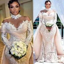 Sexy White Full Lace Mermaid Wedding Dresses 2024 With Long Sleeves Sweep Train Plus Size Bridal Party Gowns Robe De Marriage 0431